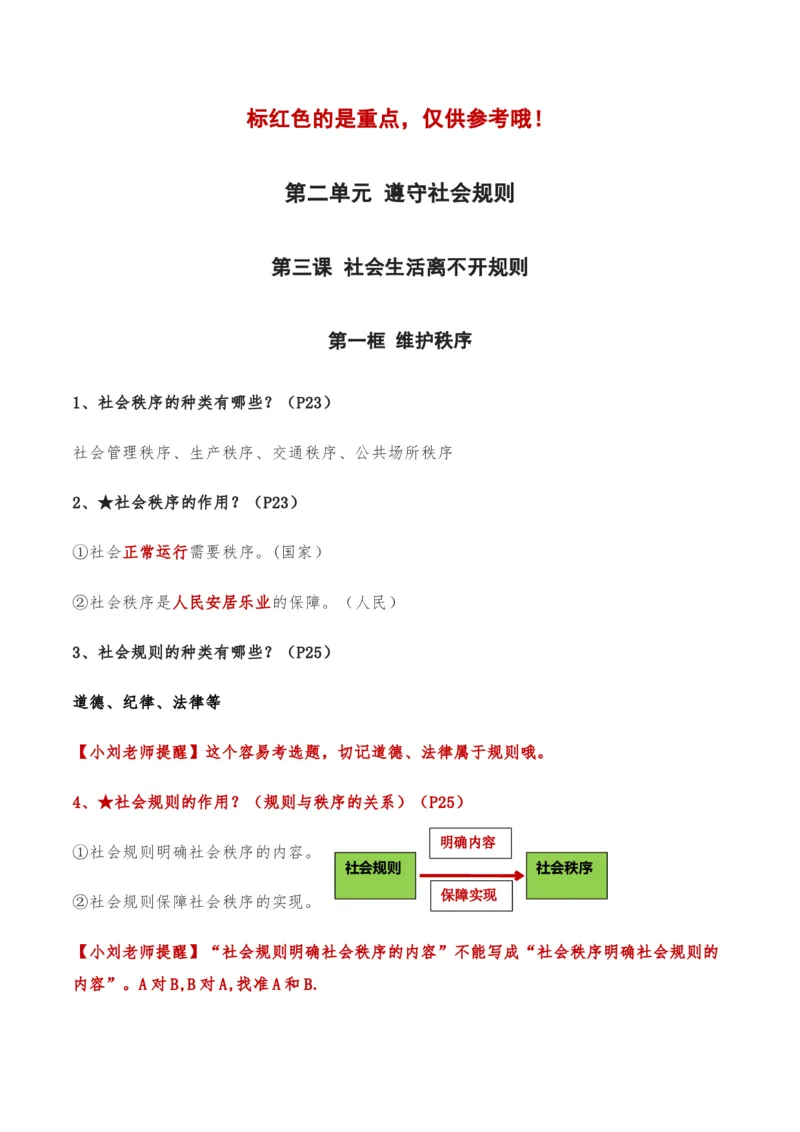 第二单元遵守社会规则-单元复习清单2022-2023学年八年级道德与法治上册期末单元复习核心知识点归纳（部编版）_初中全科电子版试卷练习试题_政治_道法人教部编8上试卷