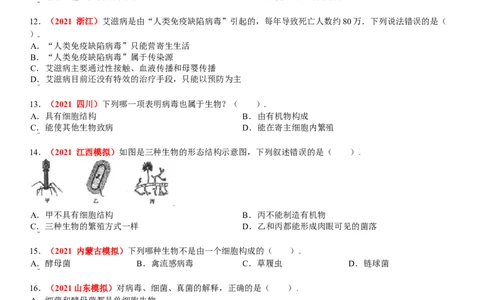 第五章病毒真题模拟练-（人教版）(原卷版）_初中全科电子版试卷练习试题_生物_生物8上练习_人教生物8年级上单元试卷48份