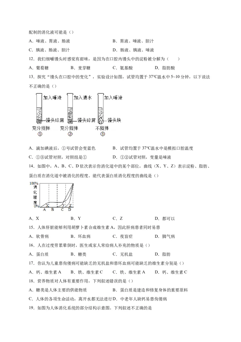 第二单元人体的营养（选拔卷）-单元测试（人教版）（原卷版）_初中全科电子版试卷练习试题_生物_生物人教版7下练习_人教生物7年级下单元试卷33份