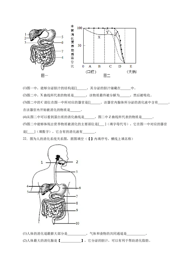 第二单元人体的营养（选拔卷）-单元测试（人教版）（原卷版）_初中全科电子版试卷练习试题_生物_生物人教版7下练习_人教生物7年级下单元试卷33份
