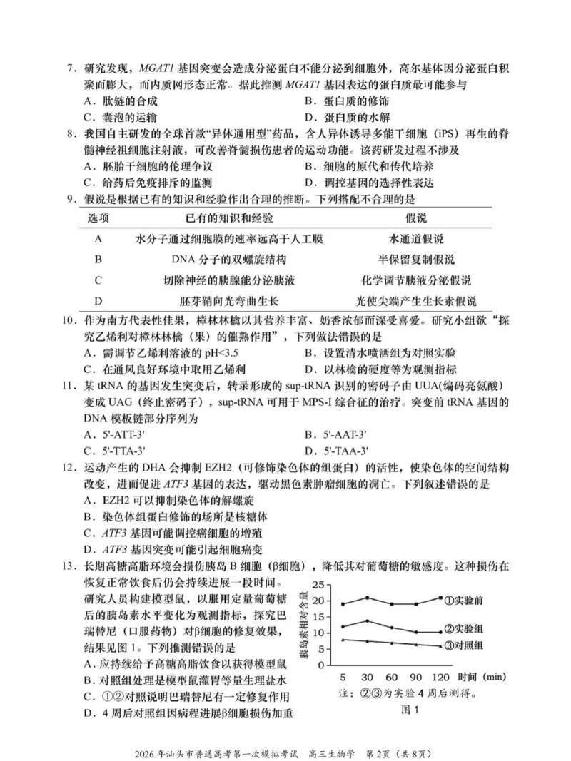 2026年汕头市普通高考第一次模拟考试生物_2024-2026高三（6-6月题库）_2026年03月高三试卷_260311广东省汕头市2026年普通高考第一次模拟考试（全科）