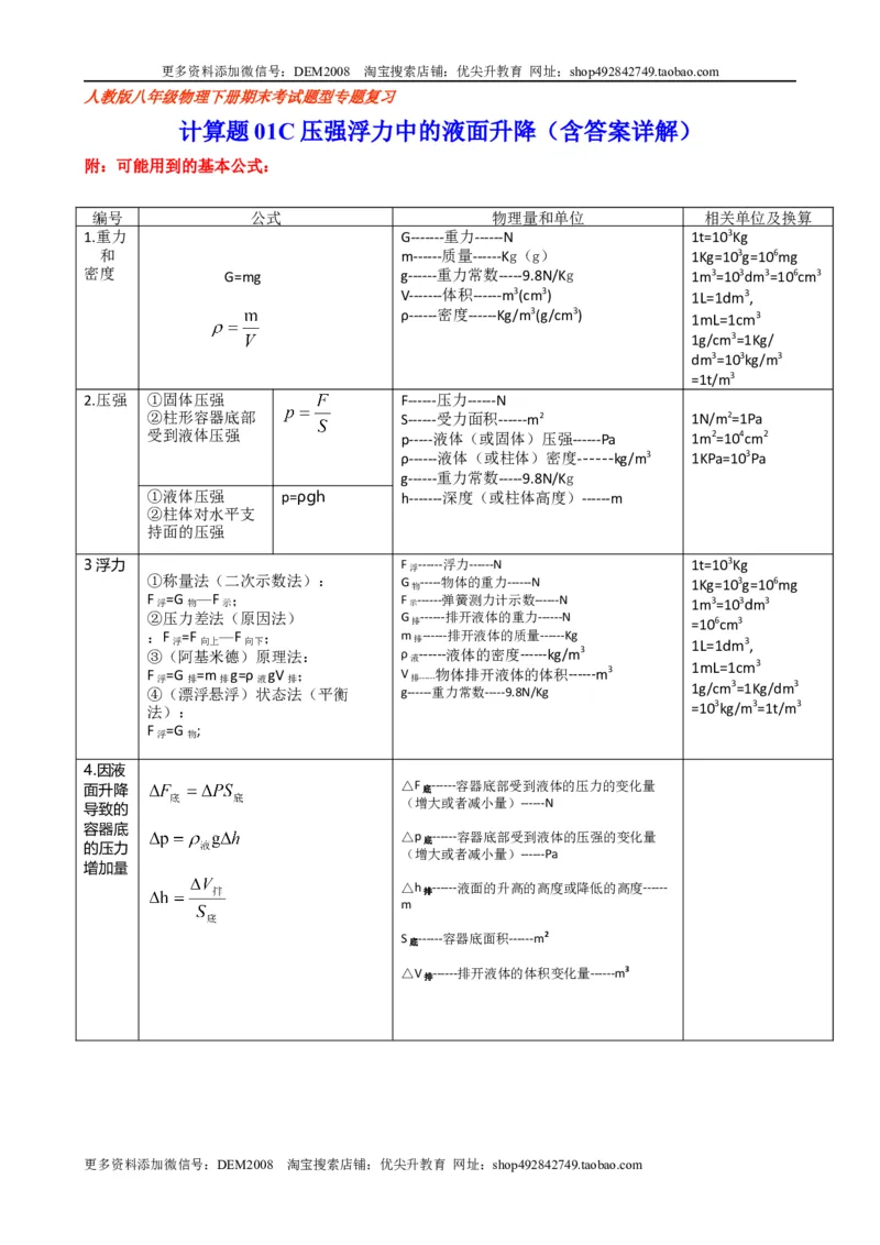 计算题01C压强浮力中的液面升降（含答案详解）_初中全科电子版试卷练习试题_物理_8年级下册物理试题_人教版物理八年级下专项练习（029份）