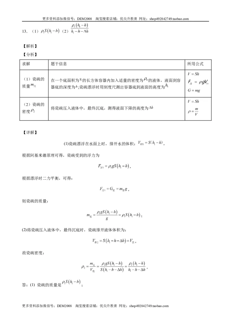 计算题01C压强浮力中的液面升降（含答案详解）_初中全科电子版试卷练习试题_物理_8年级下册物理试题_人教版物理八年级下专项练习（029份）
