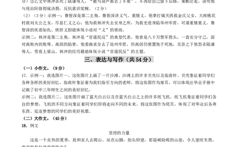 语文（南京卷）（答案及评分标准）_初中全科电子版试卷练习试题_语文_赠送：2024中考模拟题_二模_语文（南京卷）-：2024年中考第二次模拟考试