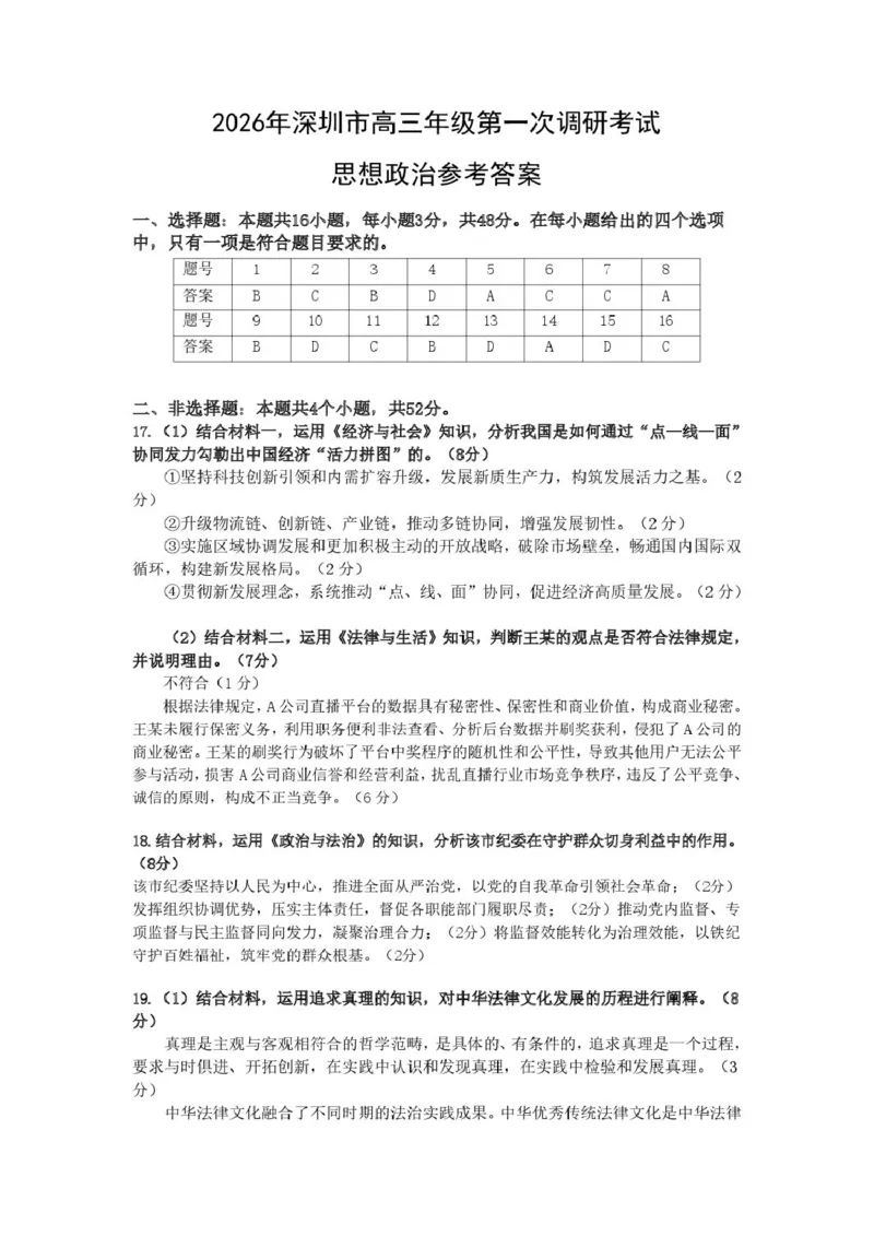 2026届广东深圳市高三年级第一次调研考试政治试卷参考答案_2024-2026高三（6-6月题库）_2026年03月高三试卷_2603082026年深圳市高三年级第一次调研考试（深圳一模）（全科）