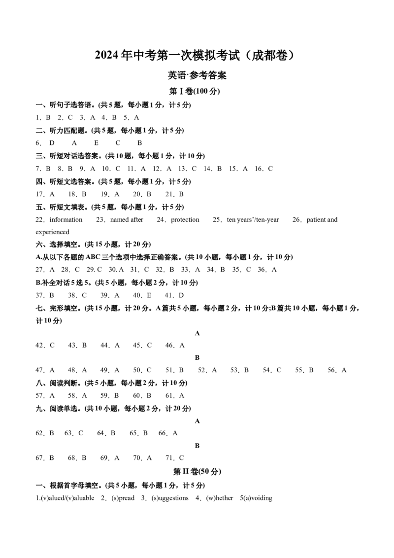 英语（四川成都卷）（参考答案及评分标准）_初中全科电子版试卷练习试题_英语_2024中考模拟题英语(1)_一模_英语（四川成都专用，含听力MP3）-2024年中考第一次模拟考试