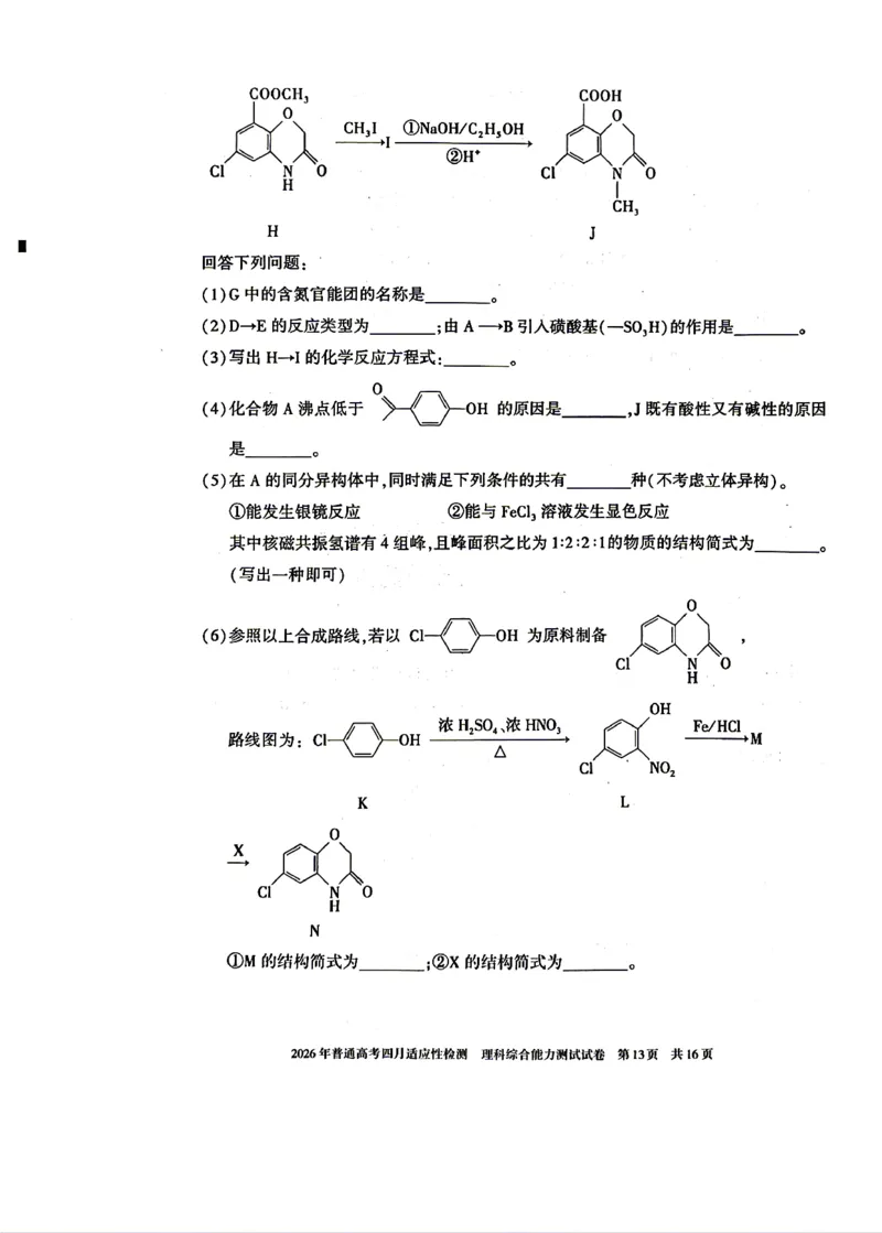 2026年普通高考四月适应性检测理综_2024-2026高三（6-6月题库）_2026年04月高三试卷_260410新疆2026届高三下学期四月适应性检测（全科）