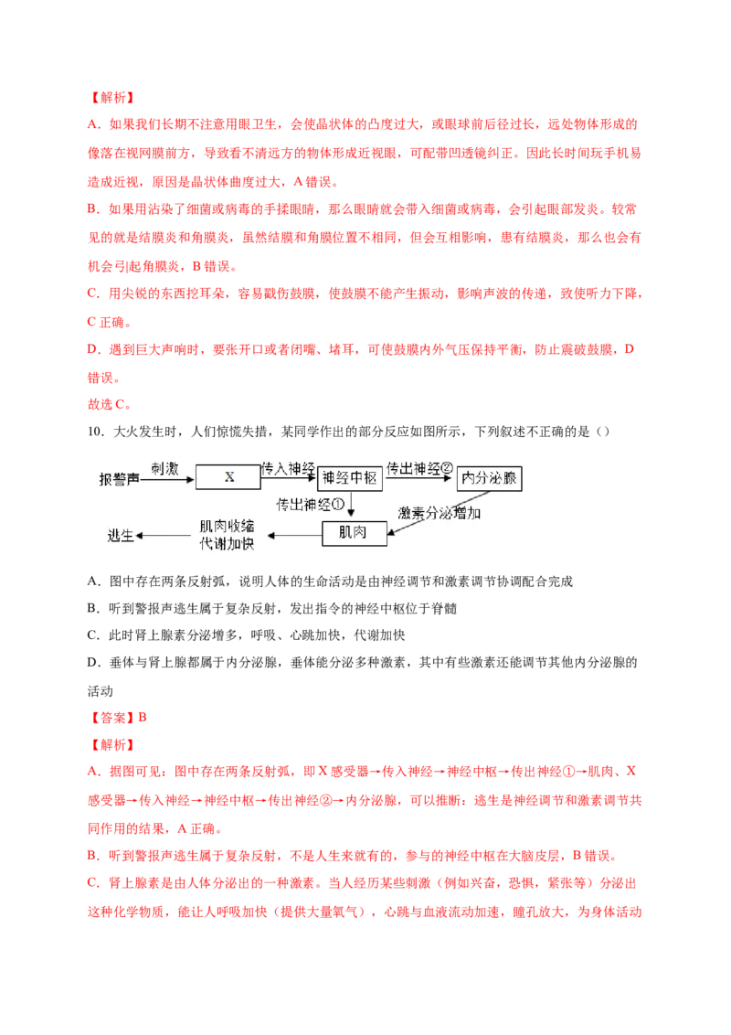 第六单元人体生命活动的调节（提分小卷）-单元测试（人教版）（解析版）_初中全科电子版试卷练习试题_生物_生物人教版7下练习_人教生物7年级下单元试卷33份