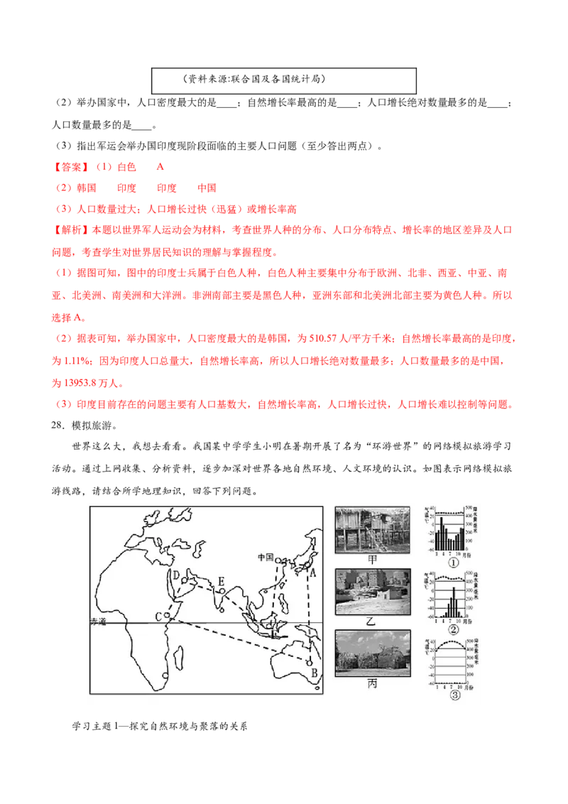 第四章居民与聚落（A卷夯实基础）-七年级地理上册同步单元AB卷（人教版）（解析版）_初中全科电子版试卷练习试题_地理_人教地理7上试题试卷_人教地理7年级上单元测试34份
