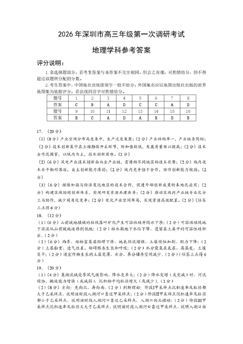 2026届广东深圳市高三下学期第一次调研考试地理试卷2026年深圳市高三年级第一次调研考试地理参考答案_2024-2026高三（6-6月题库）_2026年03月高三试卷