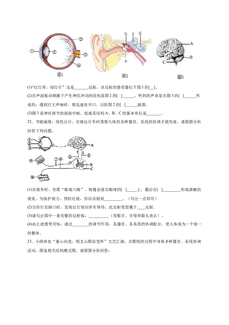 第六单元人体生命活动的调节（选拔卷）-单元测试（人教版）（原卷版）_初中全科电子版试卷练习试题_生物_生物人教版7下练习_人教生物7年级下单元试卷33份