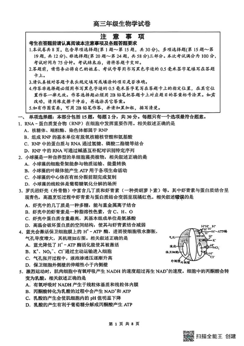 2026届江苏南通市通州区高三下学期模拟预测生物试题（含答案）_2024-2026高三（6-6月题库）_2026年03月高三试卷_2603172026届江苏南通通州区高三下学期二模
