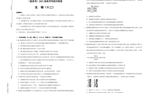 原创（新高考）2021届高考考前冲刺卷生物（十二）学生版_新高考复习资料_2021年新高考资料_2021届高考考前冲刺卷（新高考）5.31更新