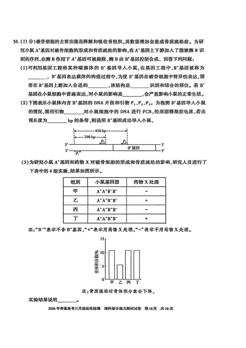 理科综合-2026年新疆普通高考三月适应性检测试卷（含答案）_2024-2026高三（6-6月题库）_2026年03月高三试卷_260313新疆2026年普通高考三月适应性检测（全科）