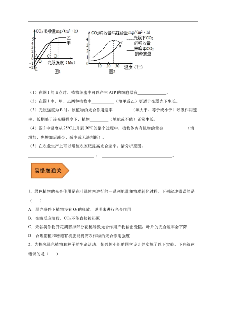 易错点08光合作用-备战2023年高考生物考试易错题（新教材新高考）（原卷版）_新高考复习资料_2023年新高考复习资料_专项复习_备战2023年高考生物考试易错题（新教材新高考）