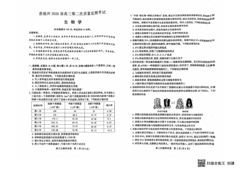 恩施州2026届高三第二次质量监测考试生物_2024-2026高三（6-6月题库）_2026年03月高三试卷_260322湖北省恩施州2026届高三第二次质量监测考试（全科）