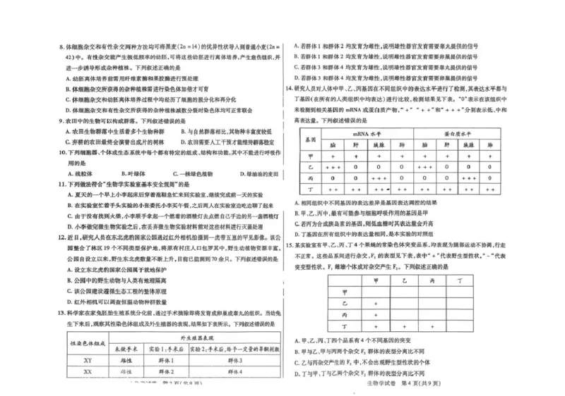 扫描件_生物试卷类型A_2024-2026高三（6-6月题库）_2026年03月高三试卷_260314内蒙古包头市2026届高三第一次模拟考试（全科）
