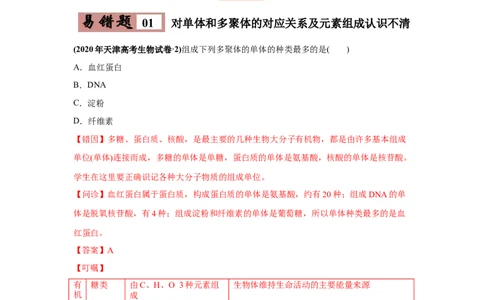 易错点01组成细胞的分子-2021年高考生物一轮复习易错题（学生版）_新高考复习资料_2023年新高考复习资料_一轮复习_2023年新高考大一轮复习讲义_赠2021年高考生物一轮复习易错题