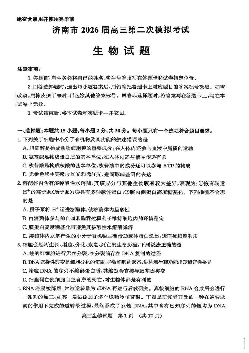 山东济南市2026届高三第二次模拟考试生物试题_2024-2026高三（6-6月题库）_2026年04月高三试卷_260418山东省济南市2026届高三第二次模拟考试（全科）