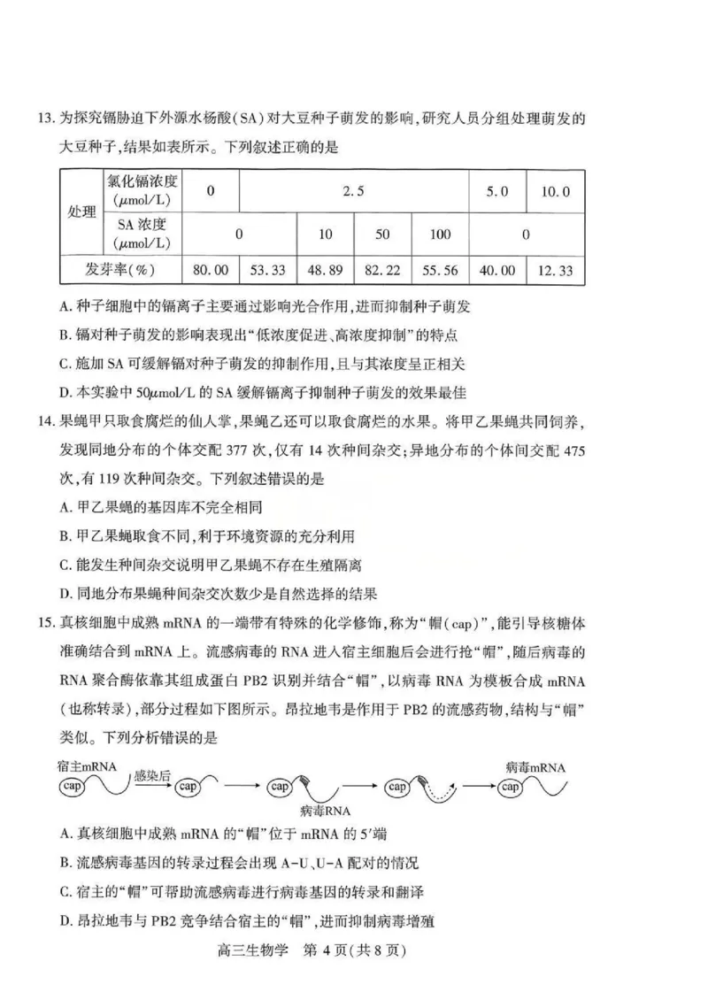 生物试题卷_2024-2026高三（6-6月题库）_2026年04月高三试卷_260430武汉市2026届高三年级四月供题（武汉四调）（全科）