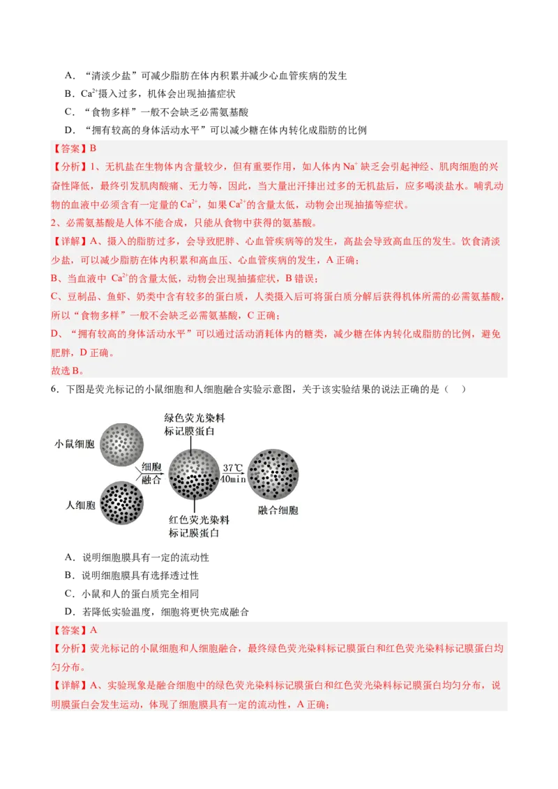 必修1模板检测卷（解析版）_2025年新高考资料_一轮复习_2025年高考生物一轮复习考点通关卷（新高考通用）_必修1模板检测卷-2025年高考生物一轮复习考点通关卷（新高考通用）