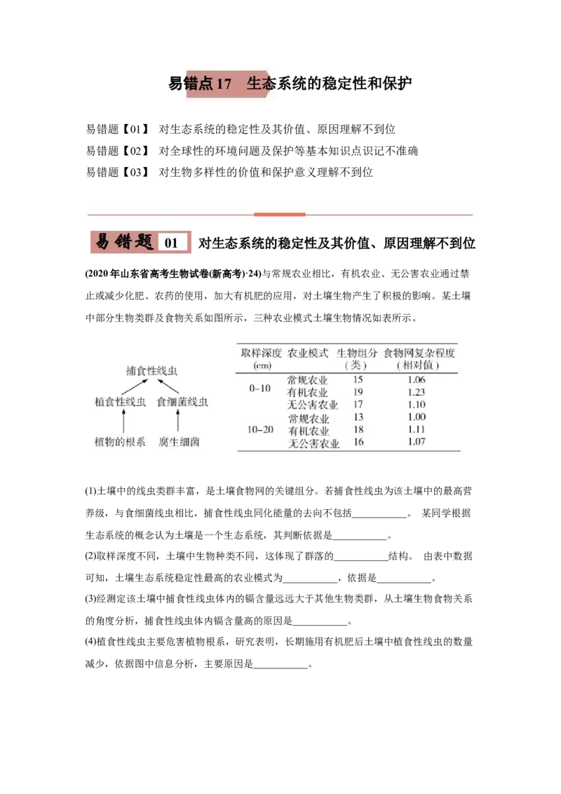 易错点17生态系统的稳定性和保护-2021年高考生物一轮复习易错题（学生版）_新高考复习资料_2023年新高考复习资料_一轮复习_2023年新高考大一轮复习讲义