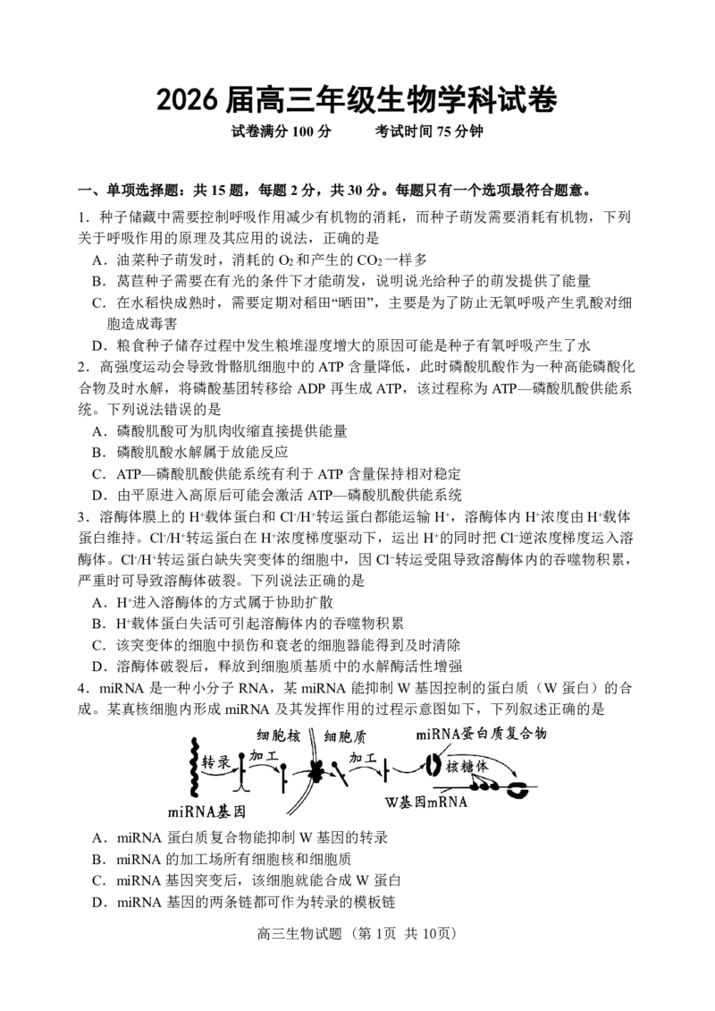 江苏省徐州市第一中学、宿迁中学等苏北六校2026届高三下学期4月联考生物试卷（含答案）_2024-2026高三（6-6月题库）_2026年04月高三试卷