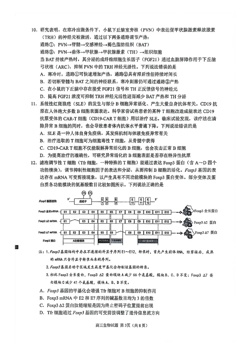 生物试卷2026届泉州市高中毕业班质量检测（二）生物试题_2024-2026高三（6-6月题库）_2026年02月高三试卷_260203福建省泉州市2026届普通高中毕业班质量监测（二）（全科）