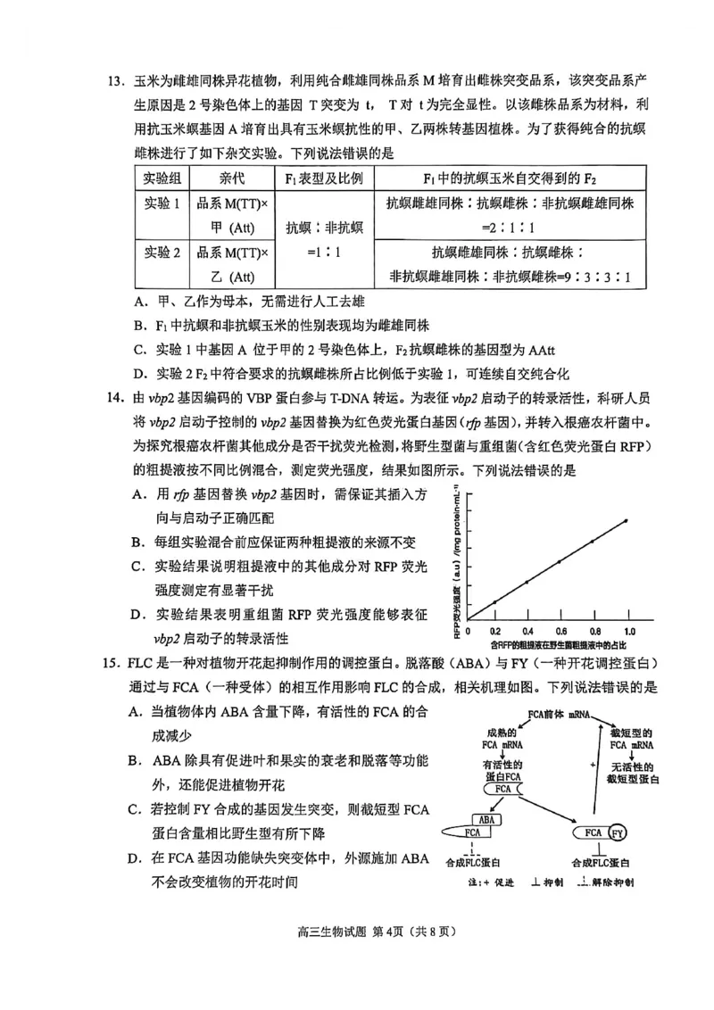 生物试卷2026届泉州市高中毕业班质量检测（二）生物试题_2024-2026高三（6-6月题库）_2026年02月高三试卷_260203福建省泉州市2026届普通高中毕业班质量监测（二）（全科）