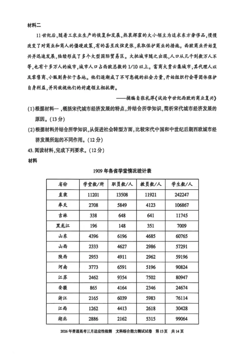 文科综合-2026年新疆普通高考三月适应性检测试卷（含答案）_2024-2026高三（6-6月题库）_2026年03月高三试卷_260313新疆2026年普通高考三月适应性检测（全科）