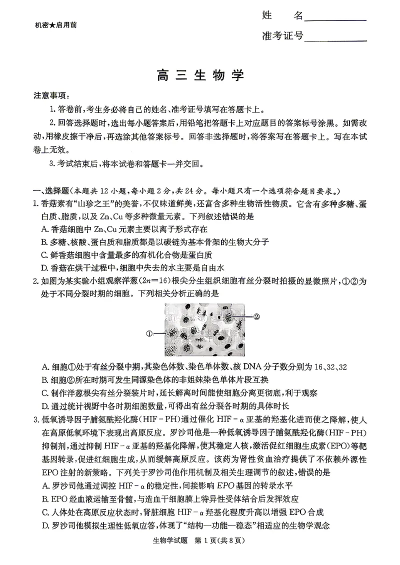 新高考教学教研联盟（长郡二十校）高三下学期4月第二次联考生物_2024-2026高三（6-6月题库）_2026年04月高三试卷
