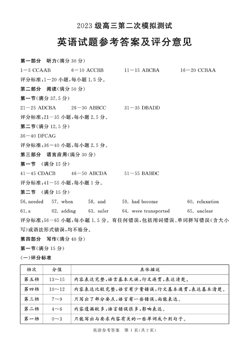 英语答案_2024-2026高三（6-6月题库）_2026年03月高三试卷_260326四川省成都市2023级高三第二次模拟测试（全科）_四川省成都市2023级高三第二次模拟测试英语
