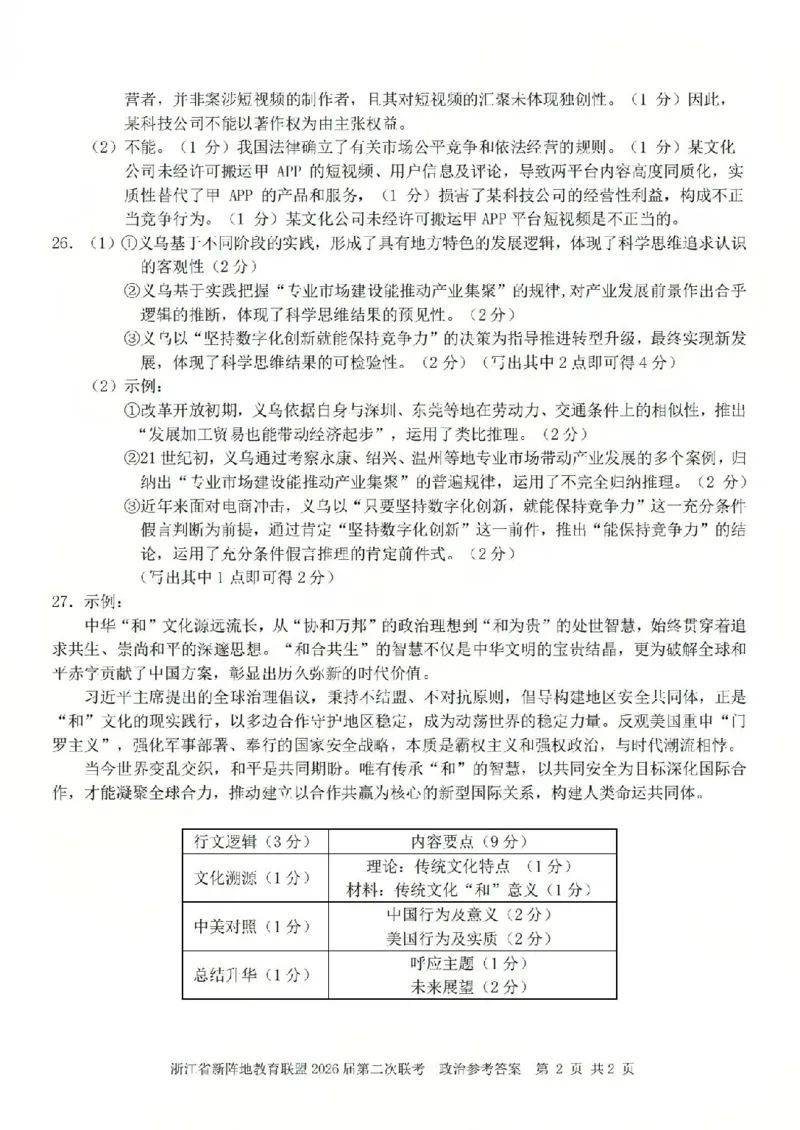 政治答案-2603新阵地教育联盟(已优化)_2024-2026高三（6-6月题库）_2026年03月高三试卷_250309浙江省新阵地教育联盟2026届第二次联考（全科）