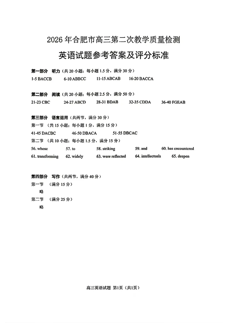 安徽省合肥市2026届高三下学期第二次教学质量检测英语卷及答案_2024-2026高三（6-6月题库）_2026年04月高三试卷