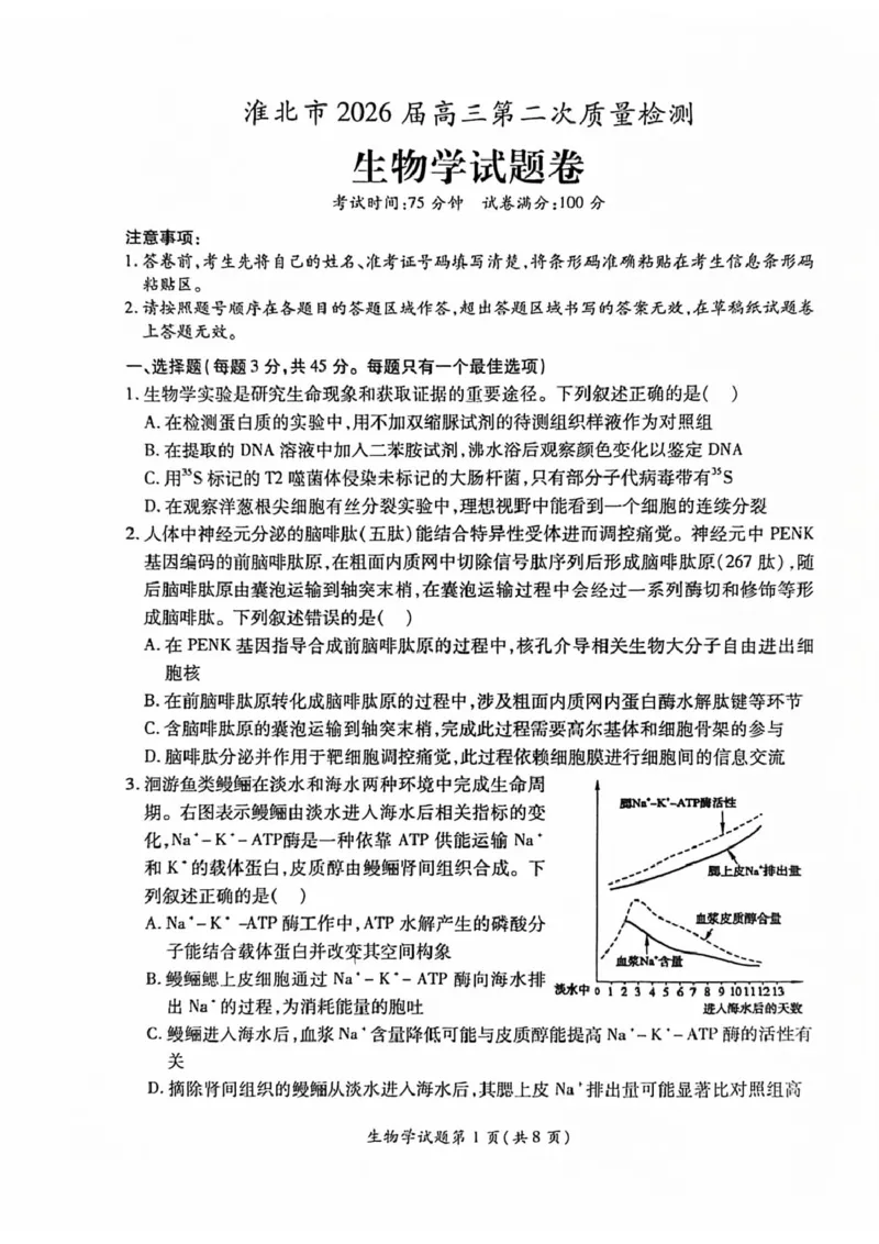 安徽淮北市2026届高三下学期第二次质量检测生物试卷（含解析）_2024-2026高三（6-6月题库）_2026年04月高三试卷_260422安徽淮北市2026届高三下学期第二次质量检测