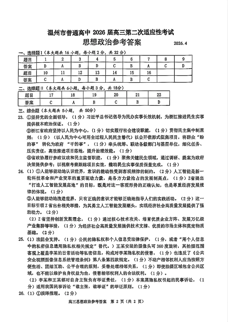 政治答案_2024-2026高三（6-6月题库）_2026年04月高三试卷_260412浙江省温州市2026届温州市普通高中高三年级第二次适应性考试（全科）