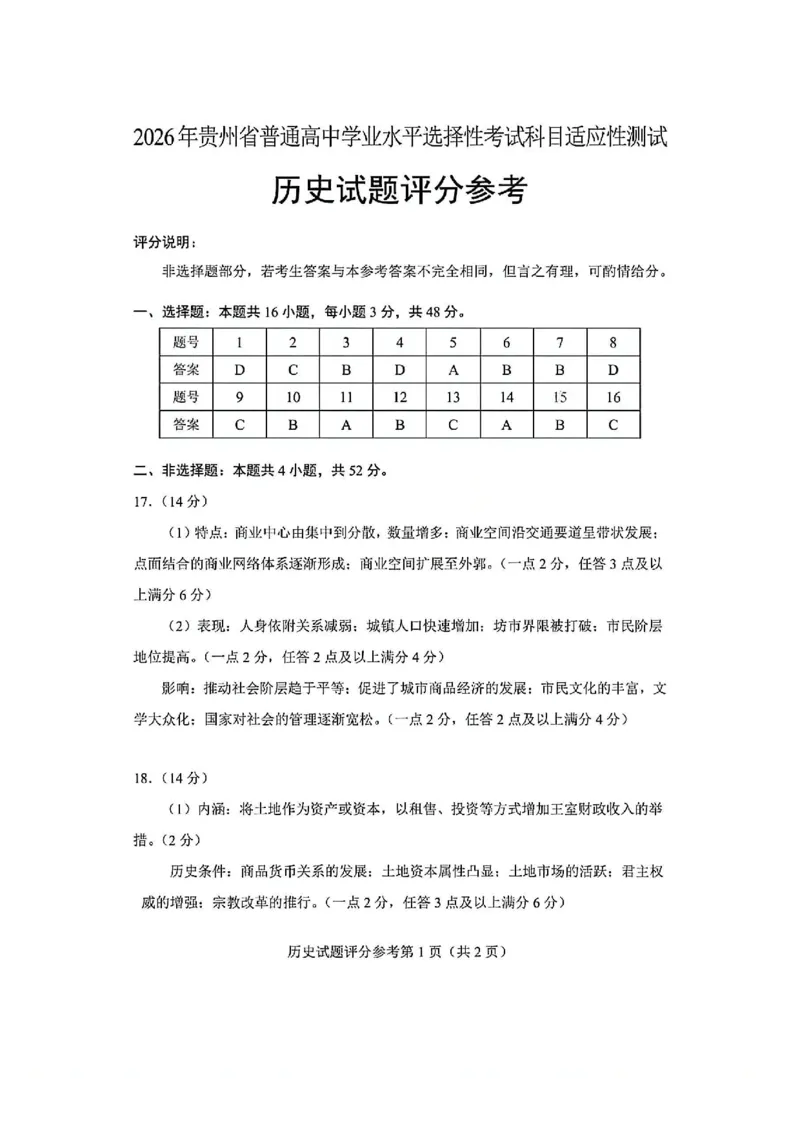 历史官方答案-2026年贵州省普通高中学业水平选择性考试科目适应性测试_2024-2026高三（6-6月题库）_2026年04月高三试卷_2604032026年贵州省高中学业水平选择性考试适应性测试（全科）