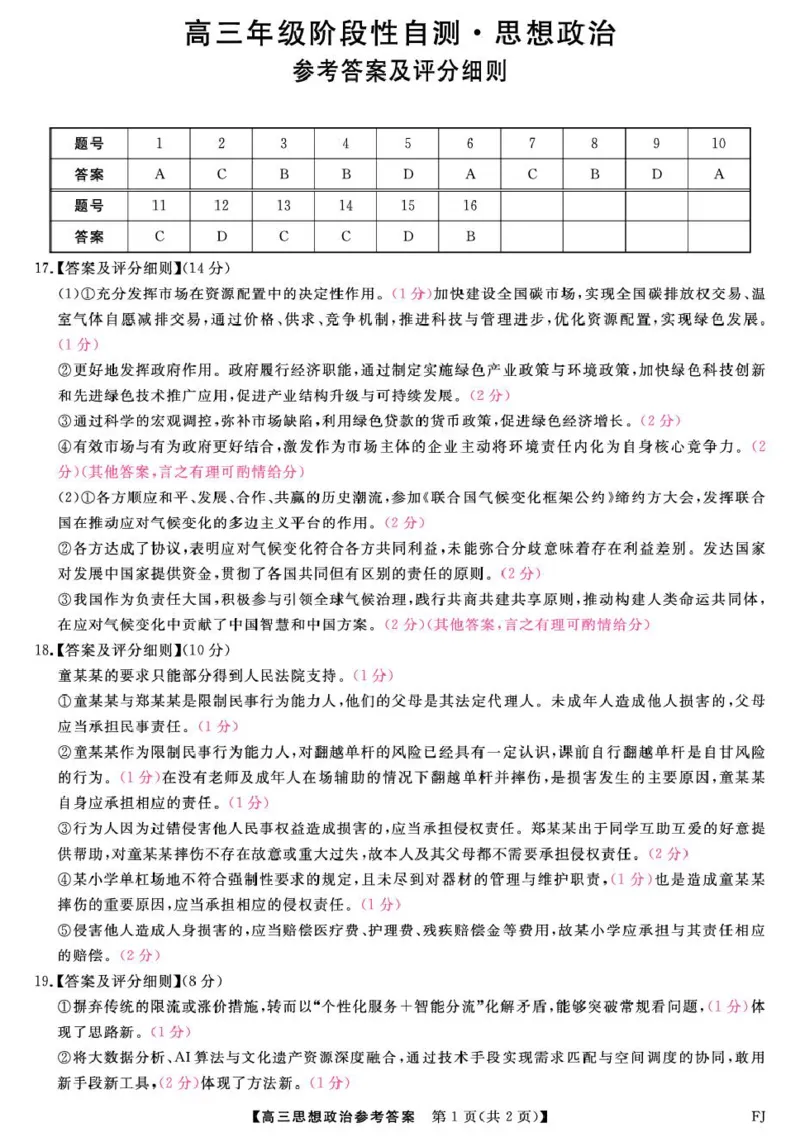 26093C-FJ-评分细则-政治_2024-2026高三（6-6月题库）_2026年03月高三试卷_260302福建百校2025-2026学年高三年级下学期开学阶段性自测_福建2025-2026学年高三年级下学期开学阶段性自测政治