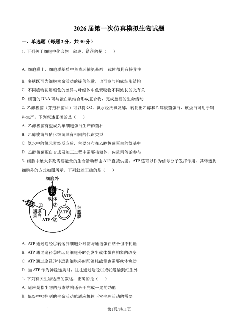 精品解析：2026届江苏省南京市六合区名校联盟高三一模生物试题（原卷版）_2024-2026高三（6-6月题库）_2026年03月高三试卷_2603042026届江苏南京市六合区名校联盟高三下学期一模试题