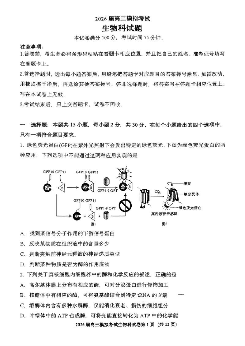 生物-2026届高三吉林五校联考(长春11高四平一中等)_2024-2026高三（6-6月题库）_2026年03月高三试卷_260317吉林五校联考(长春11高、四平一中等)2026届高三模拟考试