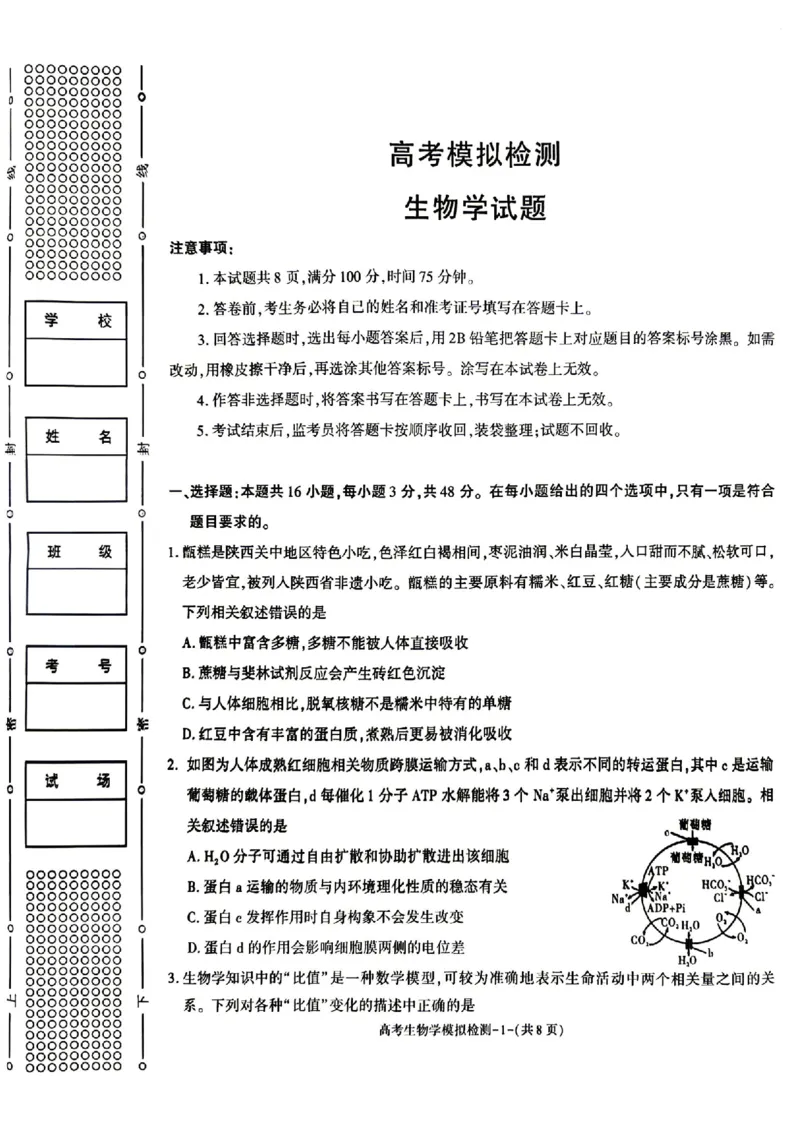 生物试题卷_2024-2026高三（6-6月题库）_2026年04月高三试卷_260428陕西省咸阳市2026(年)届高三年级4月高考模拟检测（全科）_2026届咸阳三模生物
