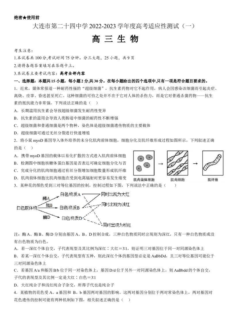 大连市第二十四中学2022-2023学年度高考适应性测试（一）生物试题_生物高考模拟题_新高考_2023年_2023辽宁省大连市第二十四中学高三上学期高考适应性测试（一模）生物