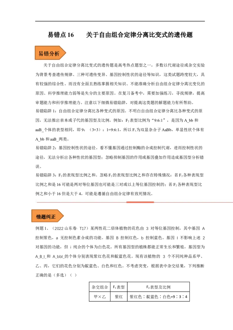 易错点16关于自由组合定律分离比变式的遗传题（原卷版）_通用版（老高考）复习资料_2023年复习资料_专项复习_备战2023年高考生物考试易错题（全国通用）