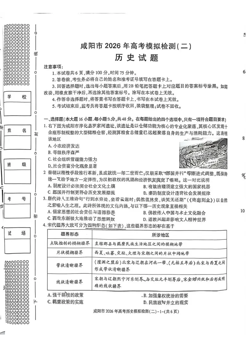 咸阳市2026年高考模拟检测（二）历史_2024-2026高三（6-6月题库）_2026年03月高三试卷_260330陕西省咸阳市2026年高考模拟检测（二）（全科）