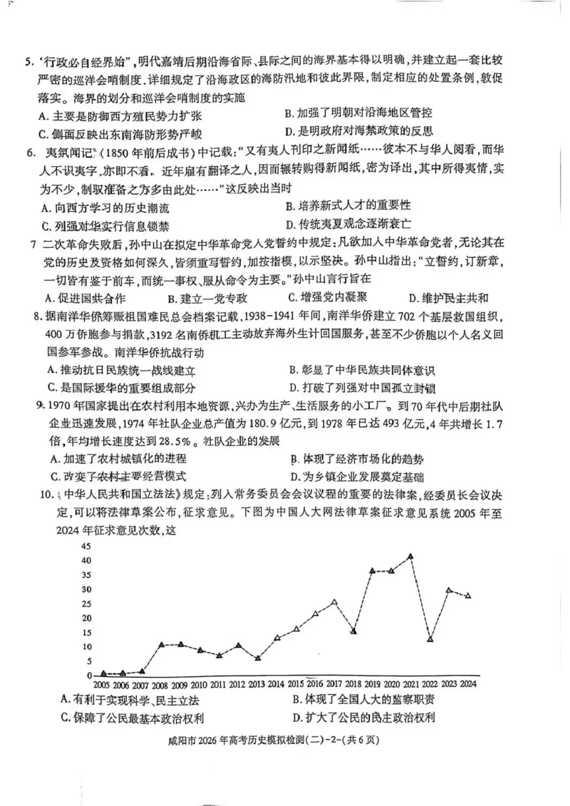 咸阳市2026年高考模拟检测（二）历史_2024-2026高三（6-6月题库）_2026年03月高三试卷_260330陕西省咸阳市2026年高考模拟检测（二）（全科）