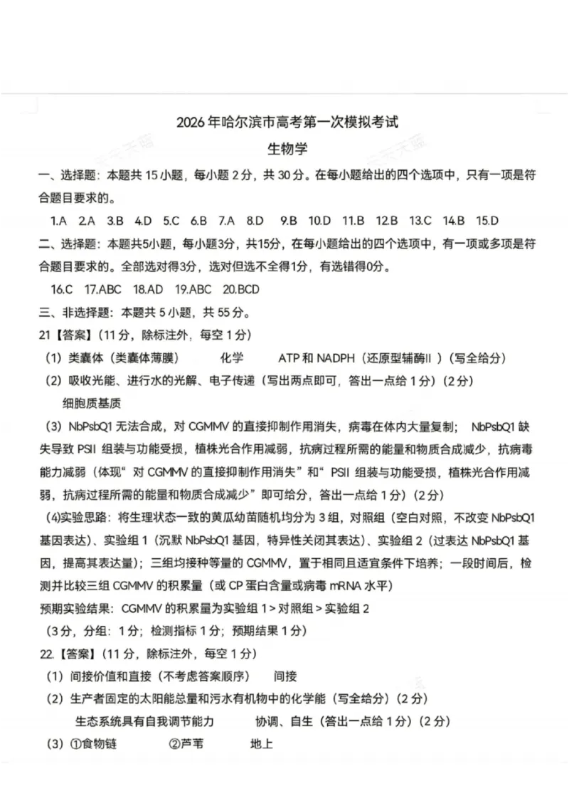 生物答案-2026年黑龙江省哈尔滨市高考第一次模拟考试_2024-2026高三（6-6月题库）_2026年04月高三试卷_260411黑龙江省哈尔滨市2026届高三下学期第一次模拟考试（全科）