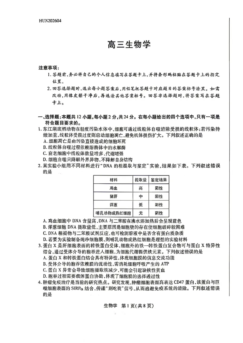 生物试卷-湖南省、广西壮族自治区天一大联考2026年高三年级4月联考（含答案）_2024-2026高三（6-6月题库）_2026年04月高三试卷