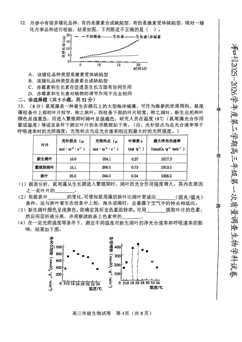 和平区2025-2026学年度高三年级第一次质量检测生物_2024-2026高三（6-6月题库）_2026年04月高三试卷_260407天津和平区2025-2026学年度高三年级一模（全科）