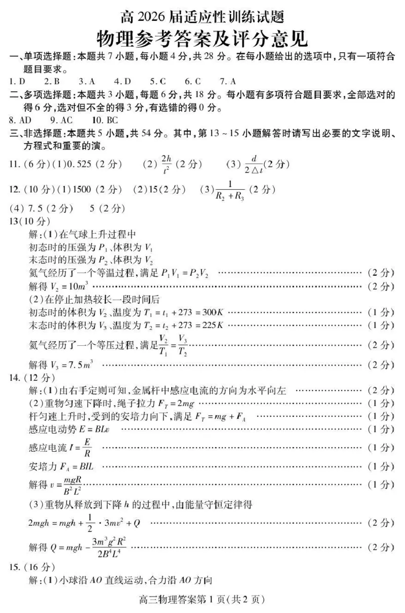 内江市高2026届适应性训练试题物理答案_2024-2026高三（6-6月题库）_2026年04月高三试卷_260427四川省内江市高2026届适应性训练试题（内江三模）（全科）