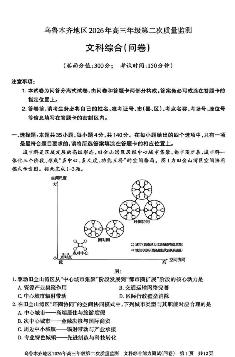 乌鲁木齐地区2026年高三年级第二次质量监测文综_2024-2026高三（6-6月题库）_2026年03月高三试卷_260328新疆乌鲁木齐地区2026年高三年级第二次质量监测（全科）